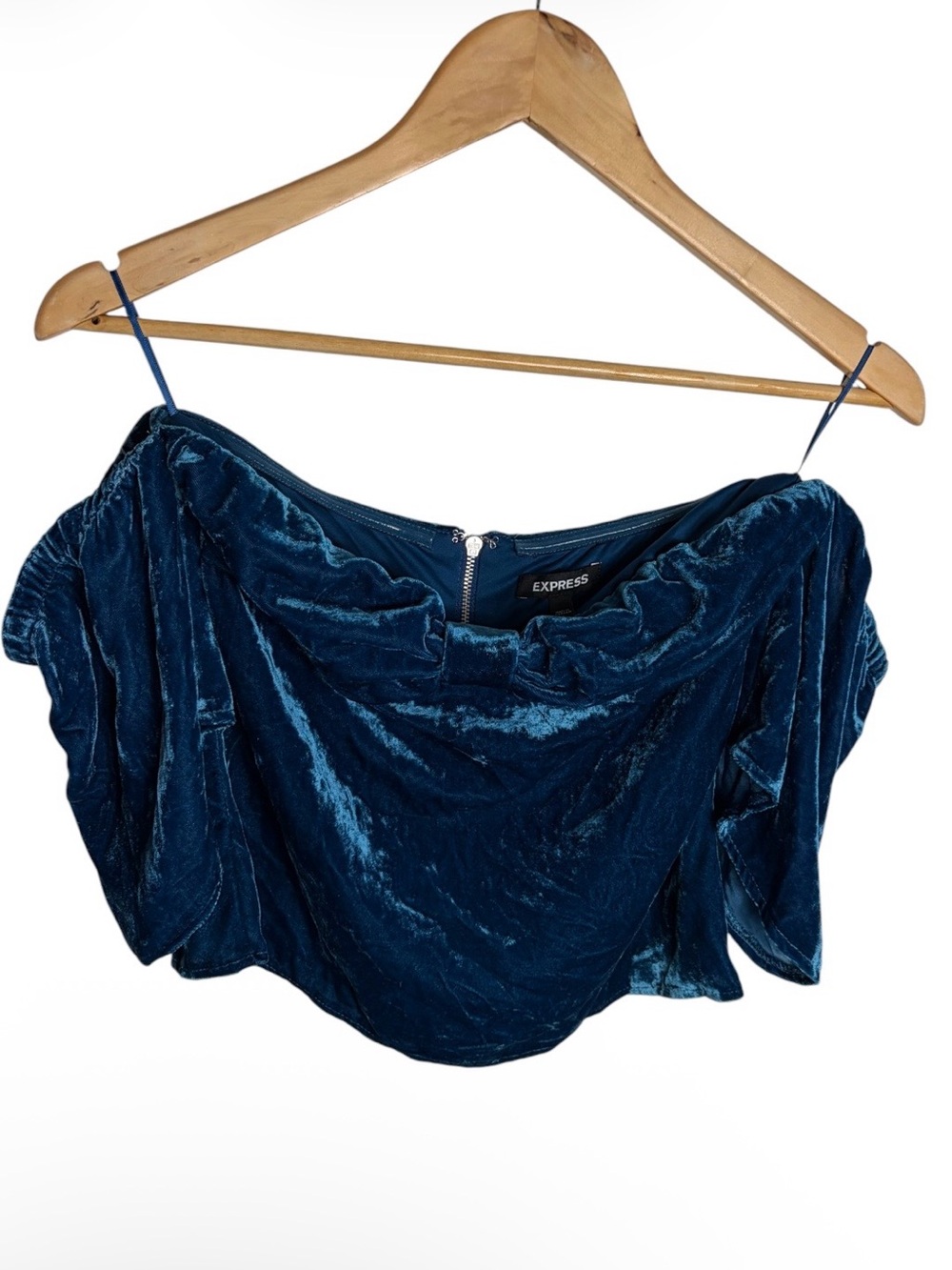 NWT express blue velvet off the shoulder bow blouse with short sleeves size 2